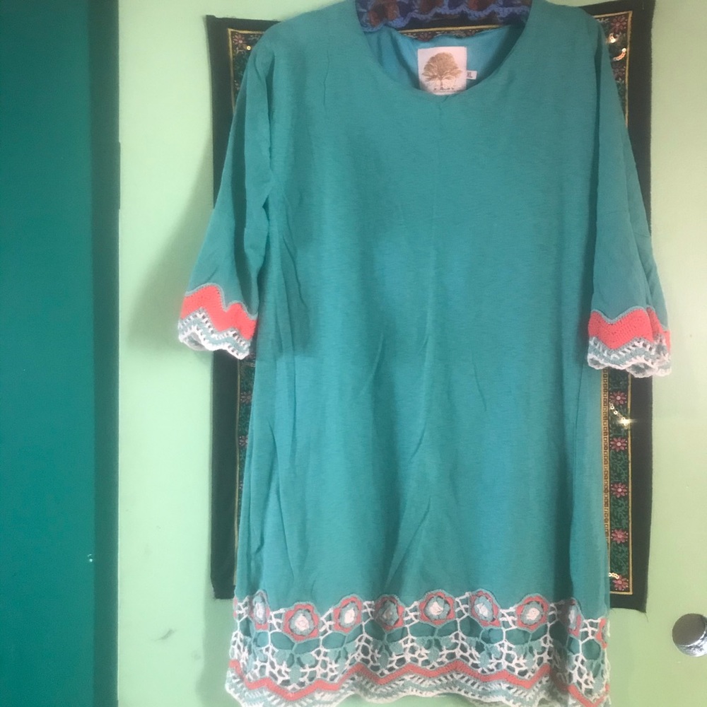 Crochet Trim Green Tunic Bell Sleeves sz XL
